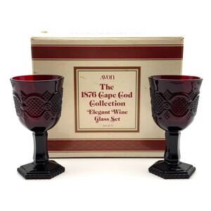 Avon 1876 Cape Cod Collection Wine Glass Set 2 Deep Red Glass 1992